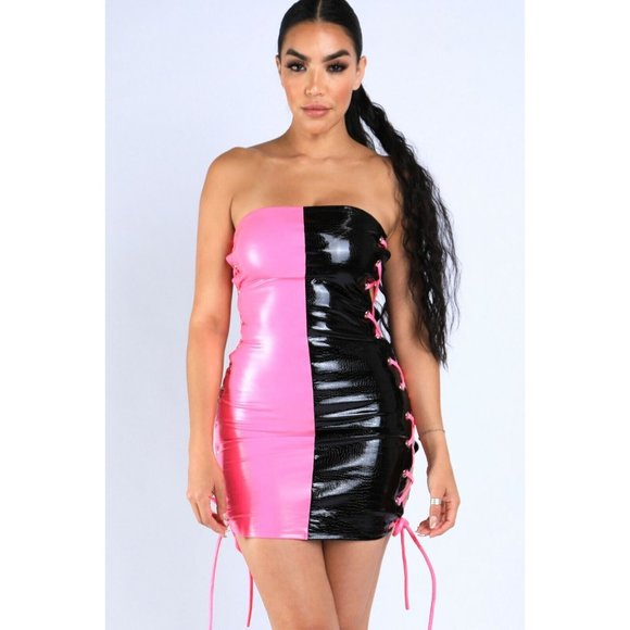 Boutique Dresses & Skirts - Women's Sexy Color Block Pink Black Side Tie String Tube Mini Dress S M L